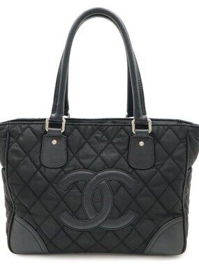 Chanel Paris New York Klein Quilted CC Logo Tote Shoulder Bag Nylon Canvas Black